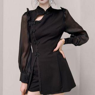 Set: Lantern-sleeve Slit Mini A-line Dress + Shorts