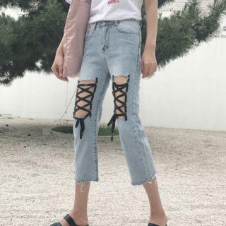 Lace Up Detail Cropped Jeans