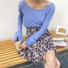 Plain Open Back Long-sleeve Top / Floral Skirt