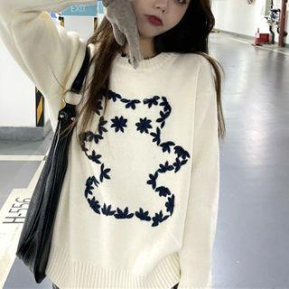 Bear Embroidered Round Neck Sweater