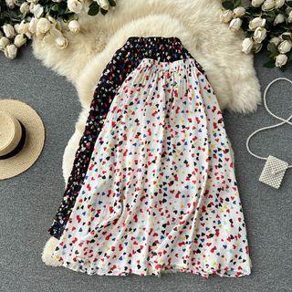 High-waist Heart Print A-line Maxi Skirt