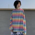 Long-sleeve Striped T-shirt Rainbow Pink - One Size