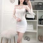 Lace Panel Long-sleeve Sheath Dress White - One Size