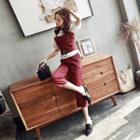Set: Puff-sleeve Top + Striped Top + Cropped Pants
