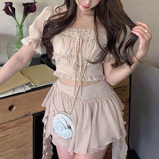Set: Puff-sleeve Ruffle Trim Crop Blouse + Skort