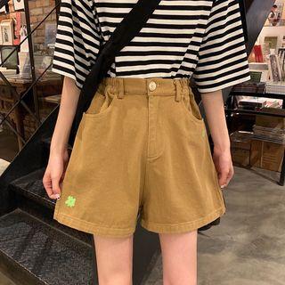 Flower Print Denim High-waist Wide-leg Shorts