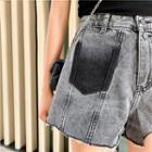 Distressed Color-block Loose-fit Denim Shorts