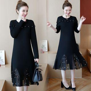 Studded Long-sleeve A-line Midi Dress