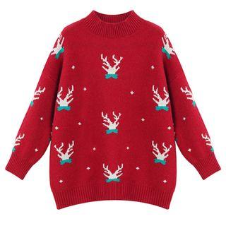 Deer Pattern Mock Neck Sweater