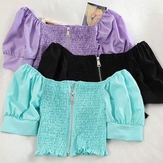 Zip Puff-sleeve Off-shoulder Cropped Blouse