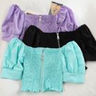 Zip Puff-sleeve Off-shoulder Cropped Blouse