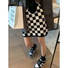 Checkered Knit Mini A-line Skirt Black - One Size