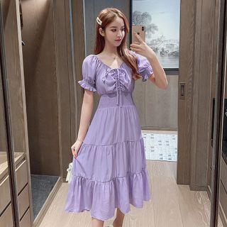 Puff-sleeve Drawstring Tiered Midi A-line Dress