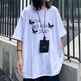 Butterfly Print Lettering Short-sleeve T-shirt
