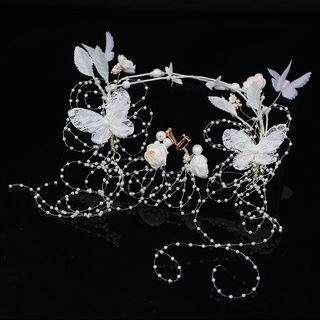 Wedding Set: Faux Pearl Butterfly Headband + Dangle Earring Set Of 2 - Headband & 1 Pair - Dangle Earring - Clip-on Earring - As Shown In Figure - One Size