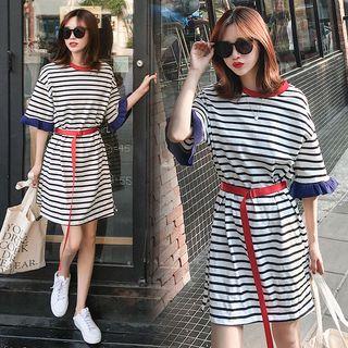 Short-sleeve Ruffle Sleeve Striped T-shirt Dress