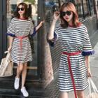 Short-sleeve Ruffle Sleeve Striped T-shirt Dress