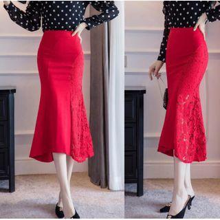 Ruffle Hem Midi Pencil Lace Skirt
