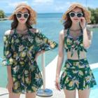 Set: Flower Print Bikini Top + Swim Skirt + Cover Up