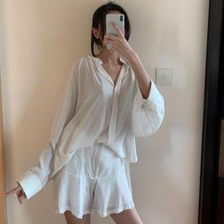 Plain Blouse / High-waist Wide-leg Shorts