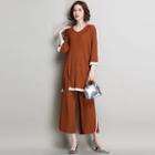 Set : Panel Elbow-sleeve Knit Top + Wide Leg Pants