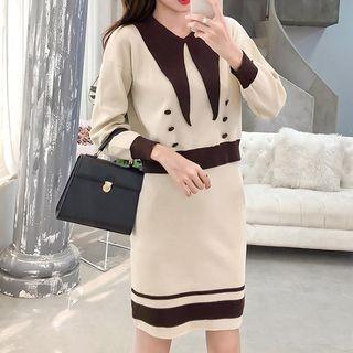 Set: Collared Knit Pullover + Knit Fitted Skirt