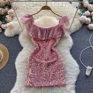Short-sleeve Off-shoulder Ruffle Sequin Dress