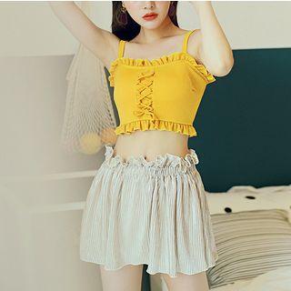 Set: Ruffled Lace-up Bikini + Striped Swim Skirt