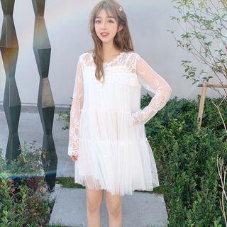 Long-sleeve Embroidered Mesh Dress White - One Size