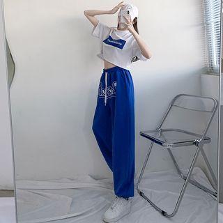 Lettering High Waist Wide Leg Pants / Elbow-sleeve Cropped T-shirt / Set