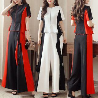 Set: Contrast Trim Short-sleeve Top + Wide-leg Pants