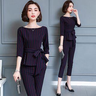 Set: Elbow-sleeve Stripe Blouse + Dress Pants