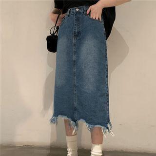 Fray Hem Back Slit Denim Skirt