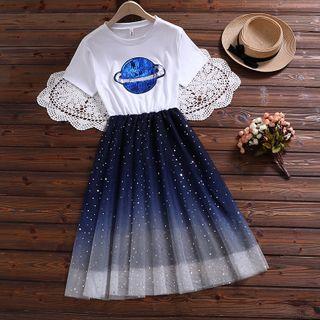 Sequined Planet Mesh Panel Short-sleeve Dress