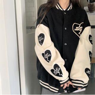Heart Patch Baseball Jacket Black - One Size