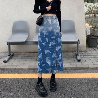 Geometric Print Midi A-line Denim Skirt
