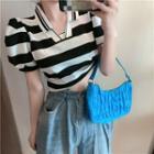 Short-sleeve Collared Striped Cropped T-shirt