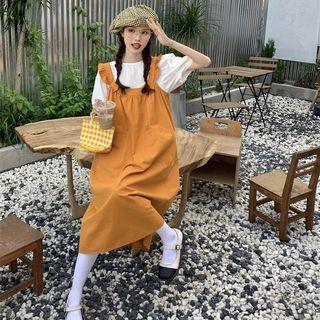 Ruffle Trim Midi A-line Overall Dress / Puff-sleeve Blouse