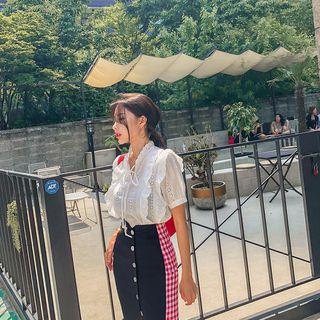 Tie-neck Frilled Eyelet-lace Blouse
