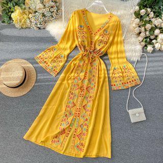 Bell-sleeve Embroidered Drawstring Midi A-line Dress