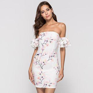 Flower Print Off-shoulder Mini Sheath Dress