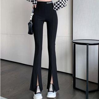 Lettering Waistband Slit-hem Boot-cut Pants