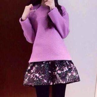 Set: Side Zip Woolen Long Sleeve Top + Floral Print Flared Skirt