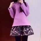 Set: Side Zip Woolen Long Sleeve Top + Floral Print Flared Skirt