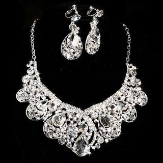 Wedding Set: Rhinestone Necklace + Dangle Earring As Shown In Figure - One Size