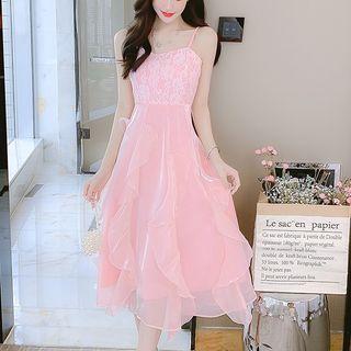 Spaghetti-strap Ruffled Midi A-line Dress / Bell-sleeve Jacket