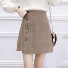 Set: Puff-sleeve Beaded Sweater + Plaid Mini A-line Skirt