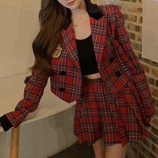 Set: Double-breasted Plaid Blazer + Pleated Mini A-line Skirt