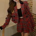 Set: Double-breasted Plaid Blazer + Pleated Mini A-line Skirt