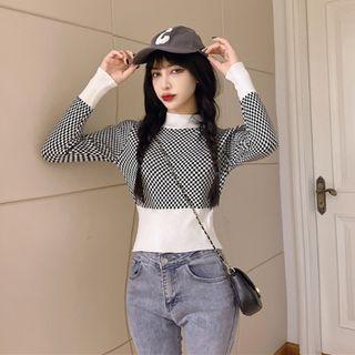 Mock-neck Plaid Knit Top Check - Black & White - One Size